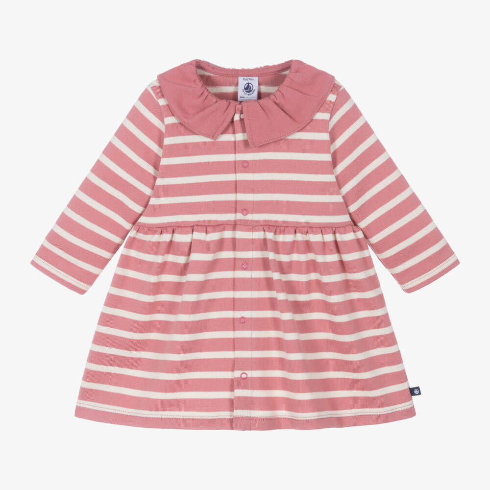Petit Bateau-فستان أطفال بناتي مقلم قطن عضوي لون زهري وعاجي | Childrensalon Outlet