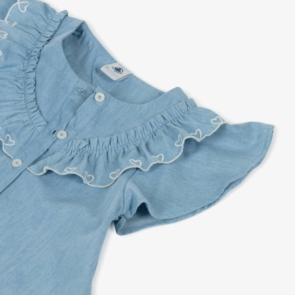 Petit Bateau-Топ синий из шамбре для девочек с сердечками | Childrensalon Outlet