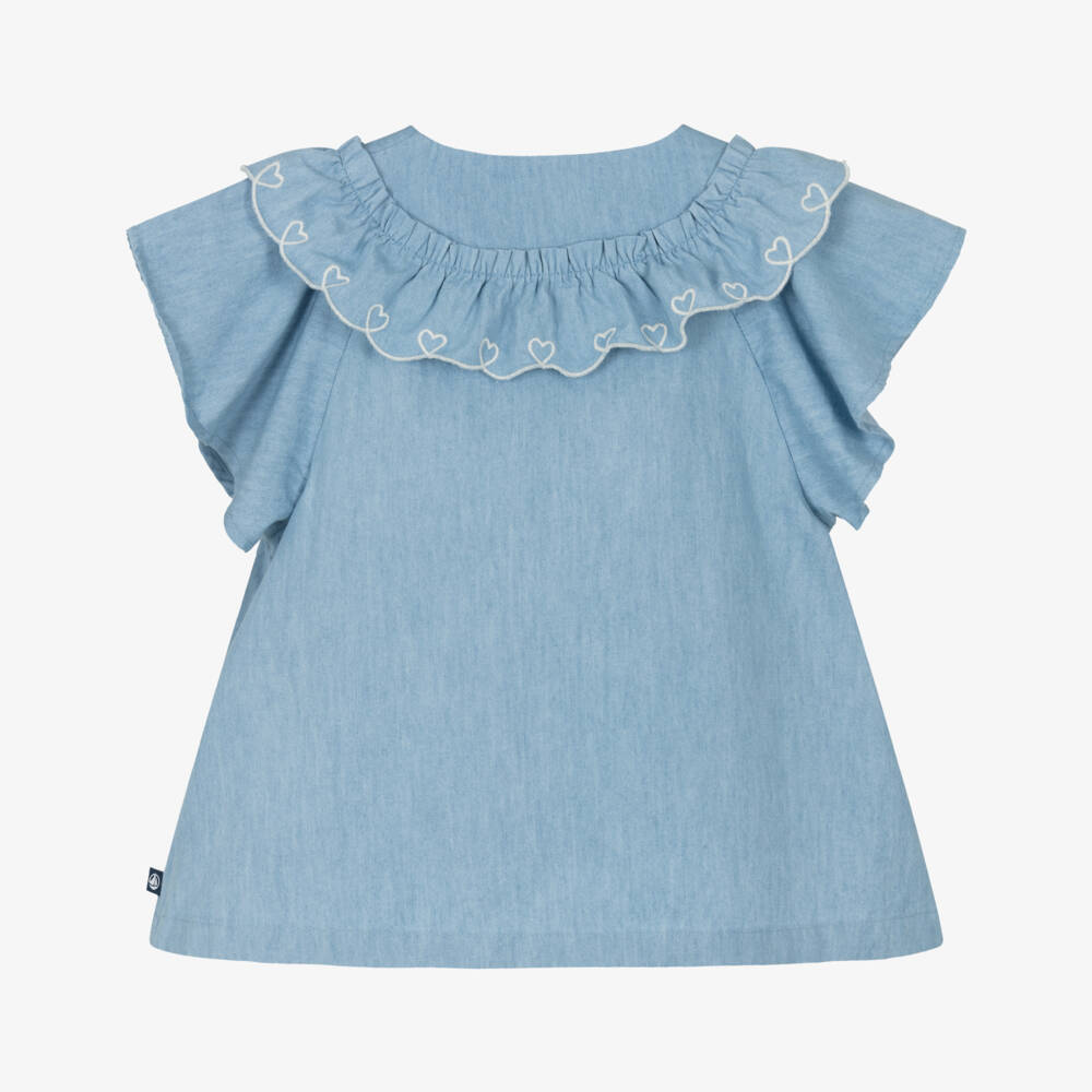 Petit Bateau-Топ синий из шамбре для девочек с сердечками | Childrensalon Outlet