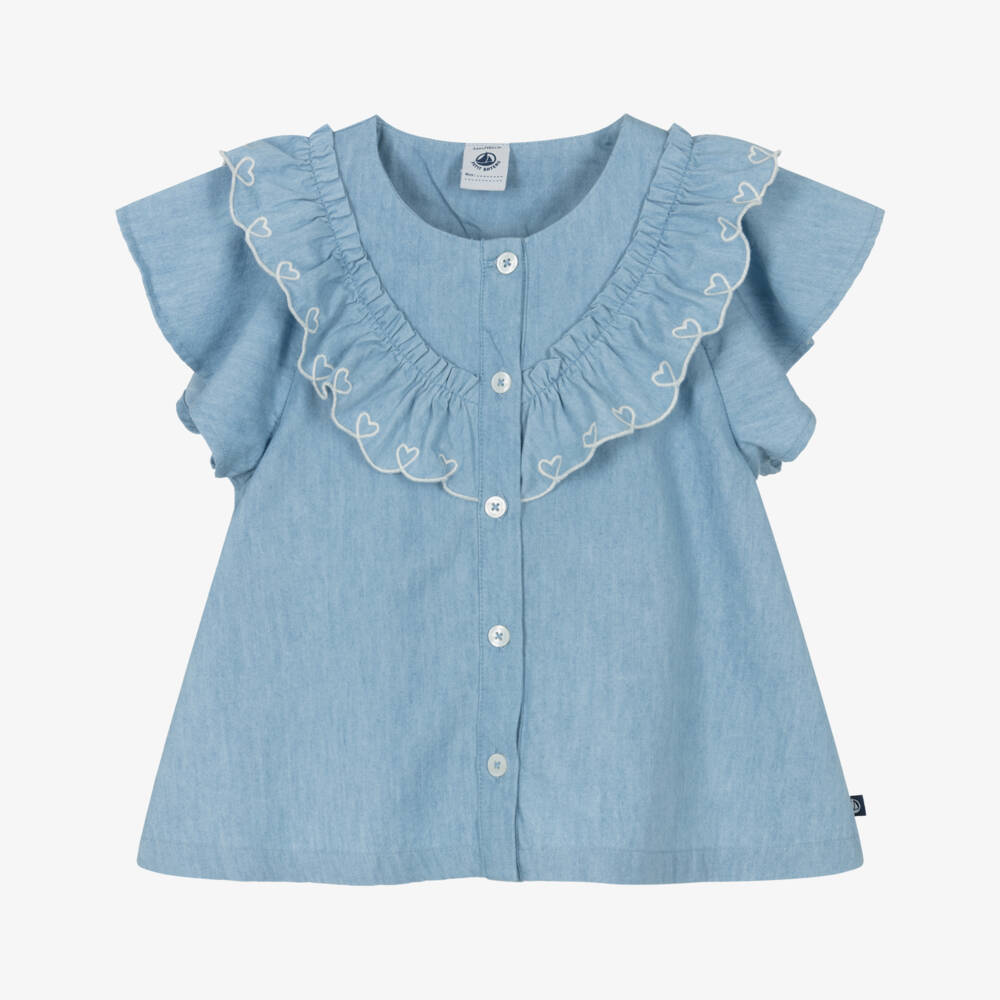 Petit Bateau-Топ синий из шамбре для девочек с сердечками | Childrensalon Outlet