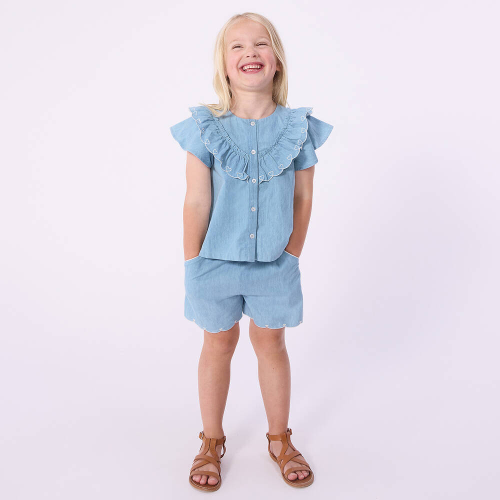 Petit Bateau-Топ синий из шамбре для девочек с сердечками | Childrensalon Outlet