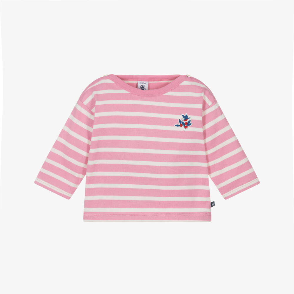 Petit Bateau-Girls Pale Pink Cotton Breton Striped Top | Childrensalon Outlet