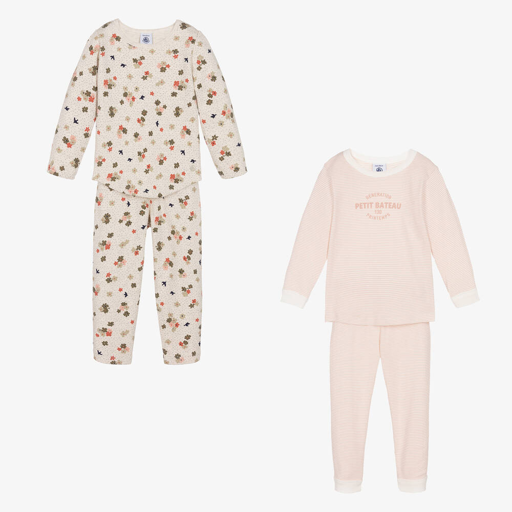 Petit Bateau - Girls Pink & Beige Cotton Pyjamas (2 Pack) | Childrensalon