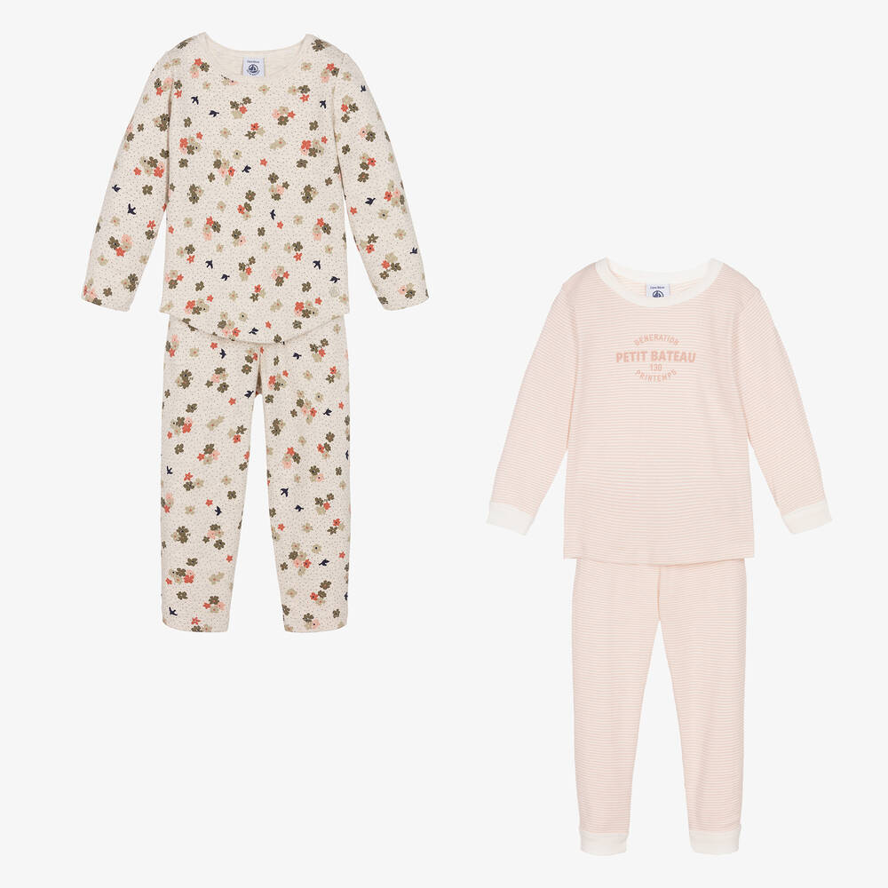 Petit Bateau - 2 Baumwoll-Schlafanzüge Rosa/Beige | Childrensalon