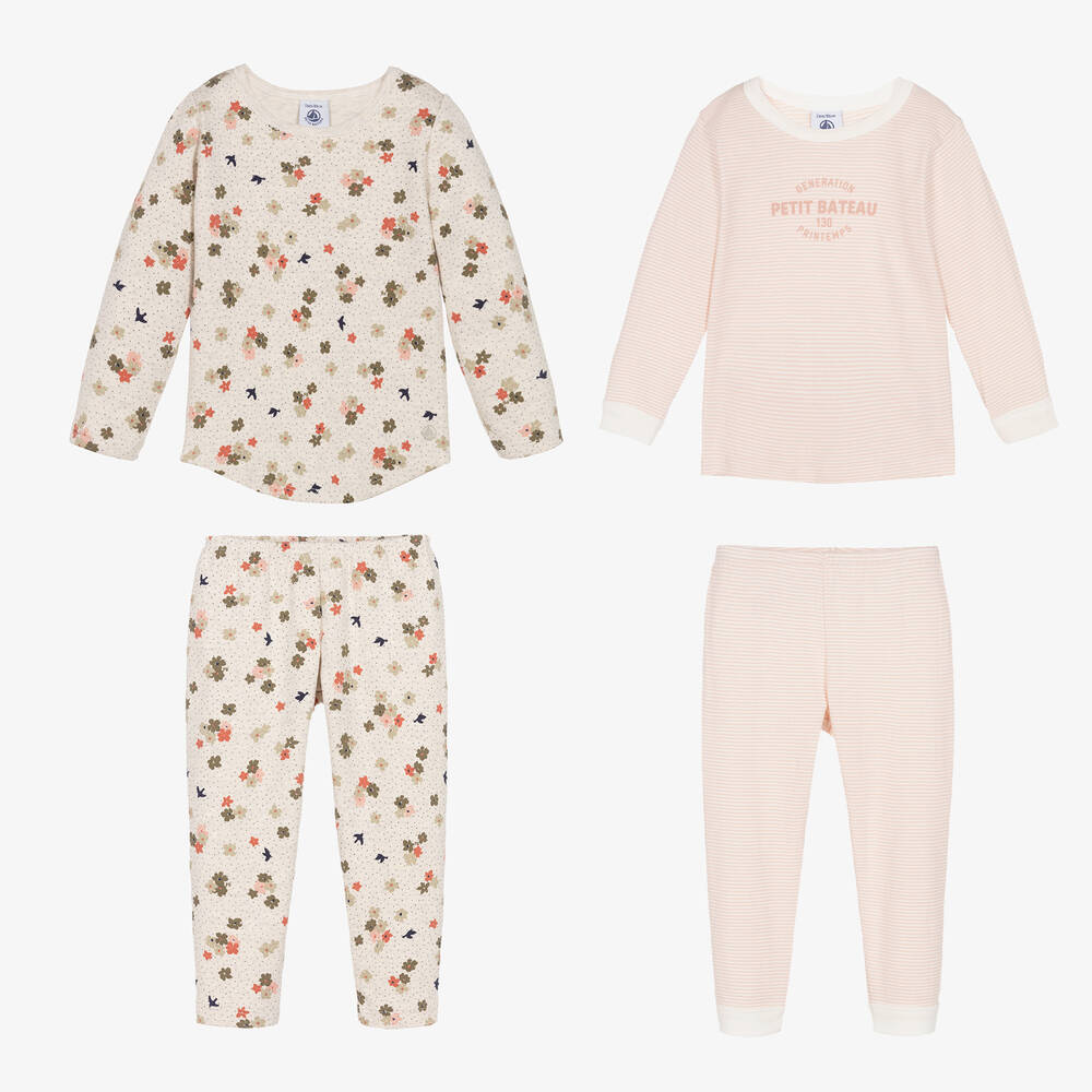 Petit Bateau-بيجاما قطن لون زهري وبيج للبنات (عدد 2) | Childrensalon Outlet