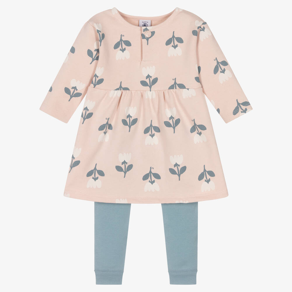 Petit Bateau Girls Pink Blue Floral Leggings Set