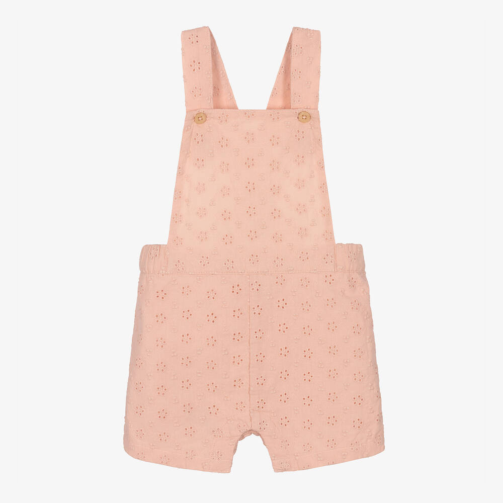 Petit Bateau - Girls Pink Broderie Anglaise Dungaree Shorts | Childrensalon