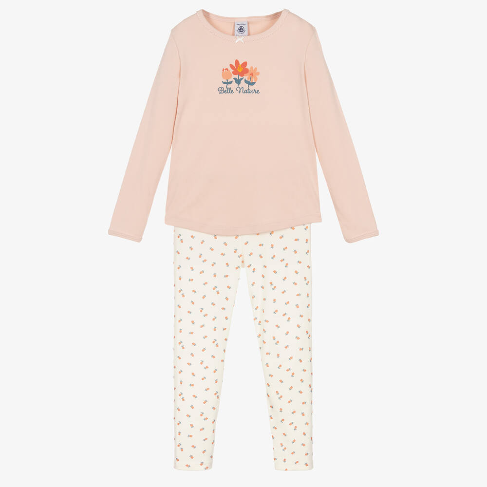 Petit Bateau - Girls Pink Cotton Floral Print Pyjamas | Childrensalon