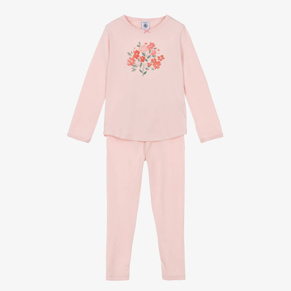 Petit Bateau-Girls Pink Cotton Long Pyjamas with Floral Motif | Childrensalon Outlet