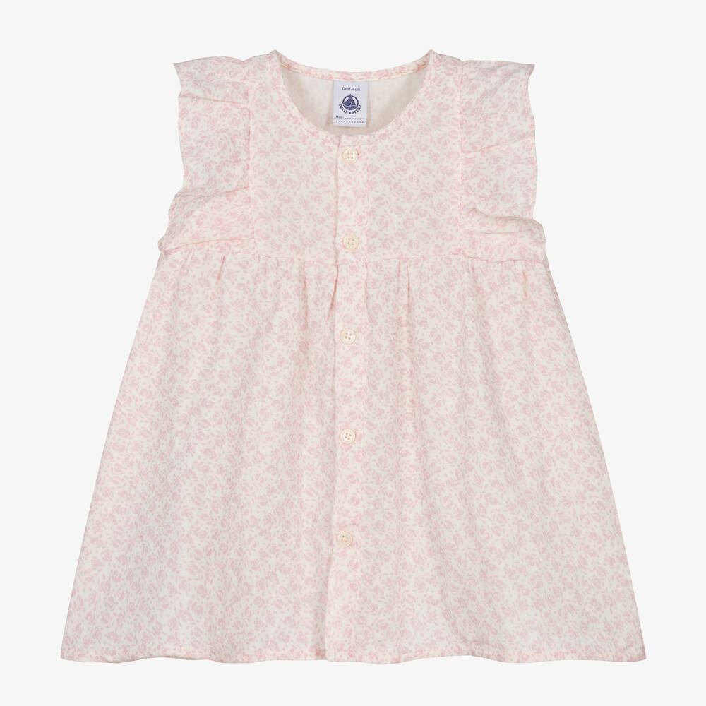 Petit Bateau-فستان أطفال بناتي قطن عضوي لون زهري بطبعة ورود | Childrensalon Outlet