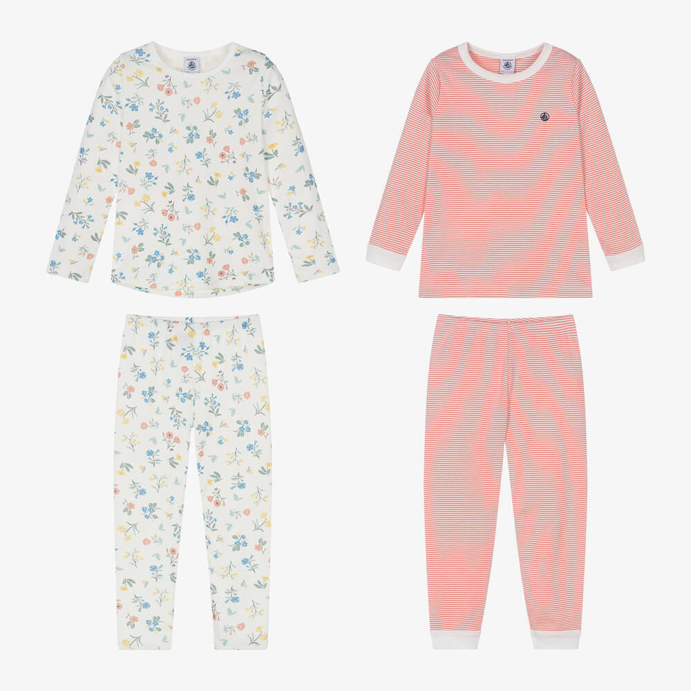 Petit Bateau-Girls Pink & Ivory Cotton Pyjamas (2 Pack) | Childrensalon Outlet