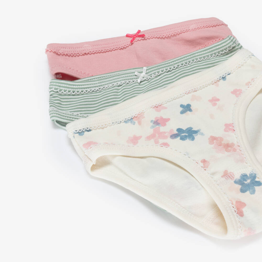 Petit Bateau-Girls Pink & Ivory Floral Cotton Knickers (3 Pack) | Childrensalon Outlet