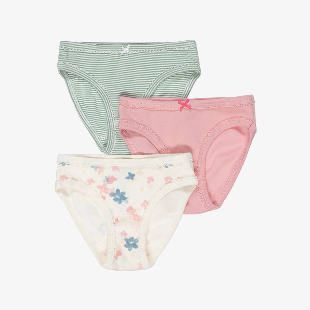 Petit Bateau-Girls Pink & Ivory Floral Cotton Knickers (3 Pack) | Childrensalon Outlet
