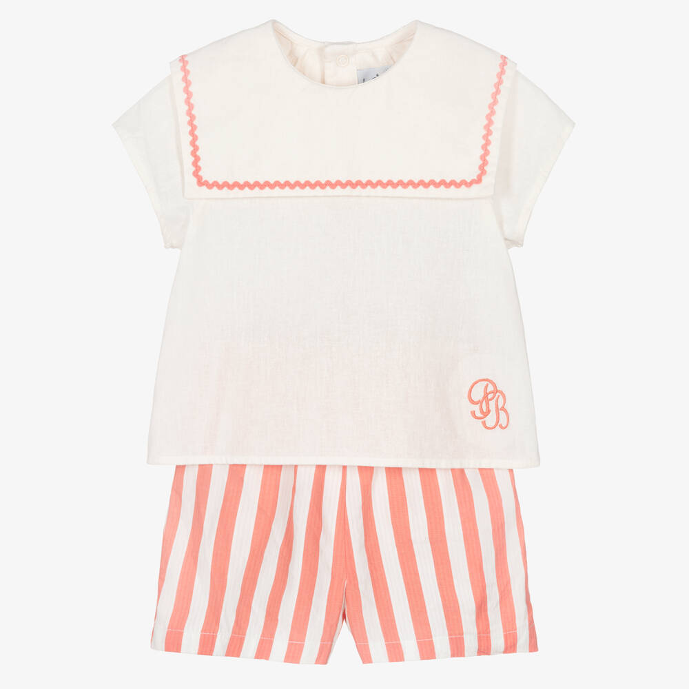 Petit Bateau-Girls Pink & Ivory Striped Cotton Shorts Set | Childrensalon Outlet