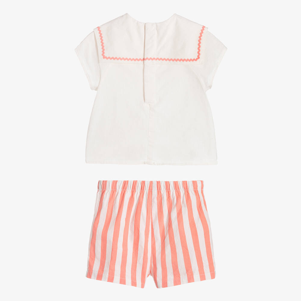 Petit Bateau-Girls Pink & Ivory Striped Cotton Shorts Set | Childrensalon Outlet
