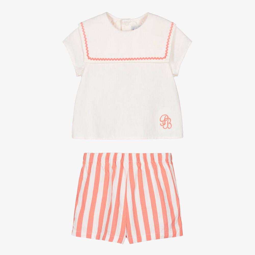 Petit Bateau-Girls Pink & Ivory Striped Cotton Shorts Set | Childrensalon Outlet