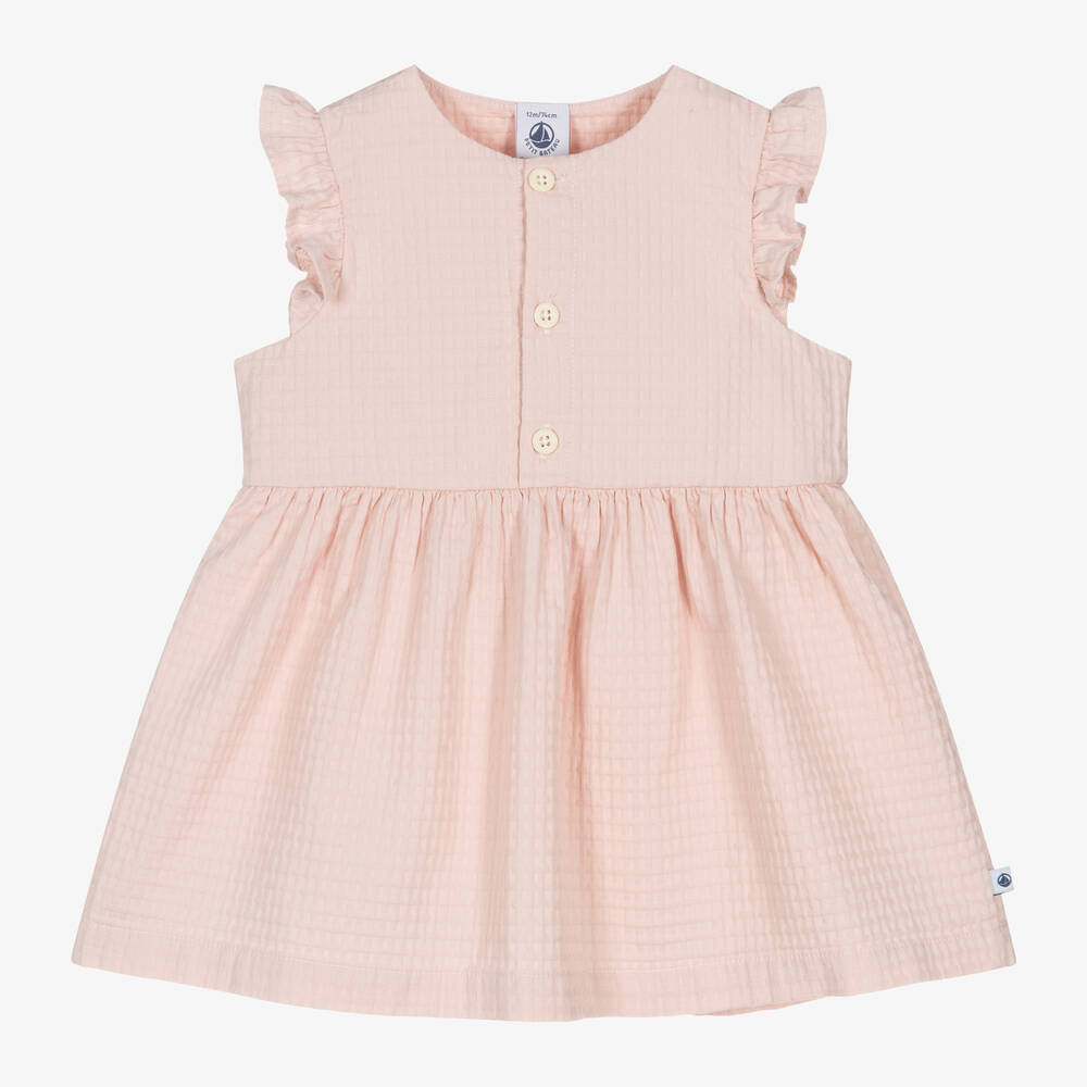 Petit Bateau-فستان أطفال بناتي قطن عضوي لون زهري | Childrensalon Outlet