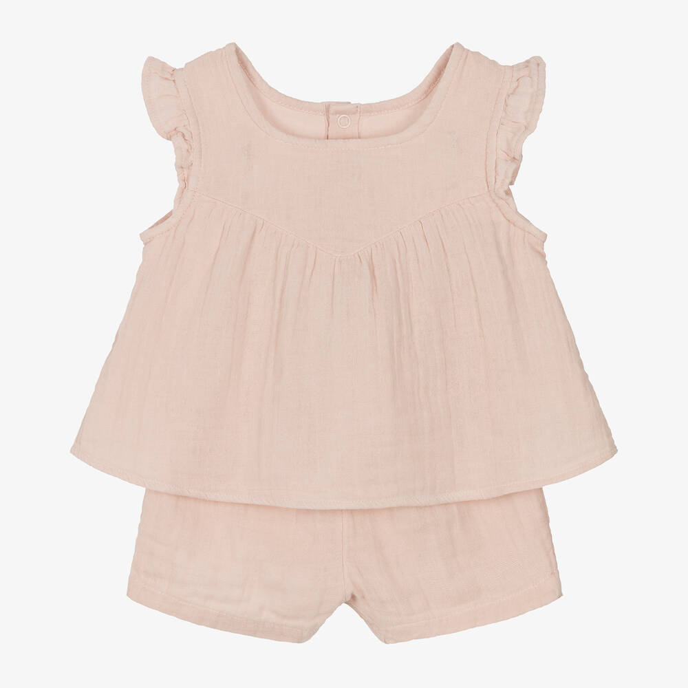 Petit Bateau-طقم شورت أطفال بناتي قطن عضوي موسلين لون زهري | Childrensalon Outlet