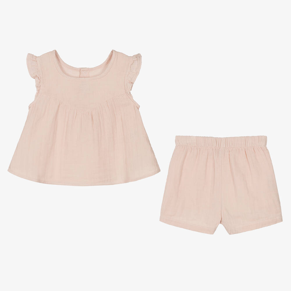 Petit Bateau-طقم شورت أطفال بناتي قطن عضوي موسلين لون زهري | Childrensalon Outlet