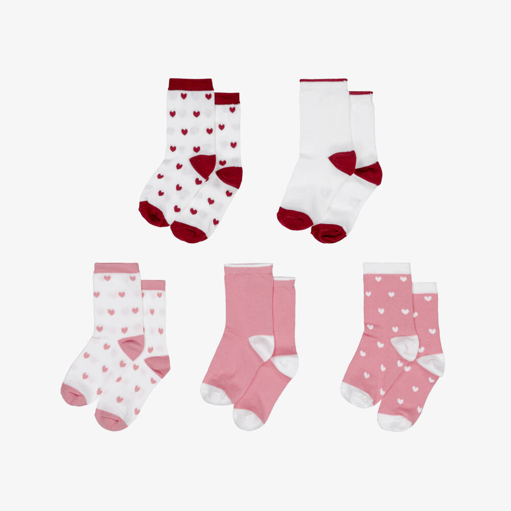 Petit Bateau-Girls Pink, Red & White Heart Socks (5 Pack) | Childrensalon Outlet
