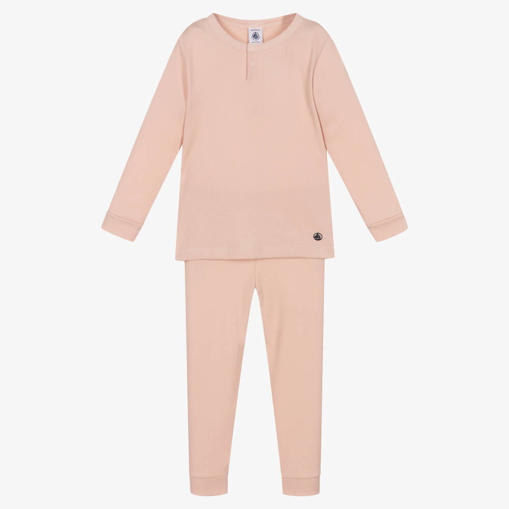 Petit Bateau - Girls Pink Ribbed Cotton Pyjamas | Childrensalon