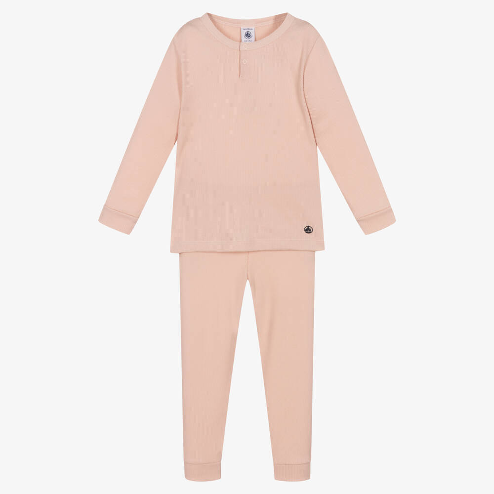 Petit Bateau-Girls Pink Ribbed Cotton Pyjamas | Childrensalon Outlet