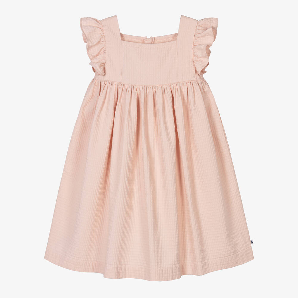 Petit Bateau-Girls Pink Textured Organic Cotton Dress | Childrensalon Outlet
