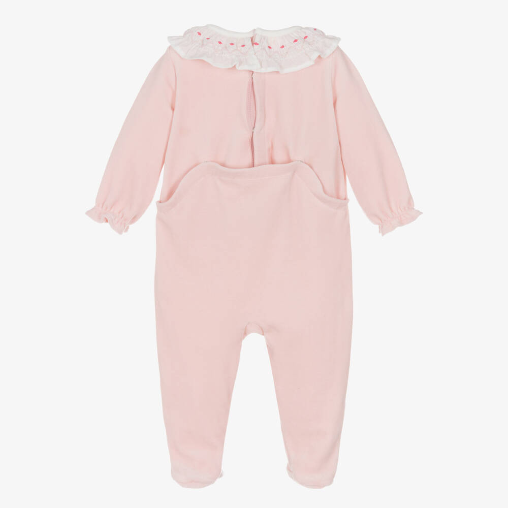 Petit Bateau-Girls Pink Velour Babygrow with White Shirred Collar | Childrensalon Outlet