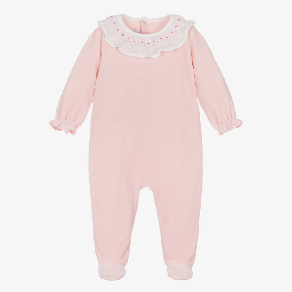 Petit Bateau-Girls Pink Velour Babygrow with White Shirred Collar | Childrensalon Outlet