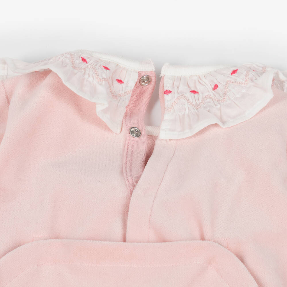 Petit Bateau-Girls Pink Velour Babygrow with White Shirred Collar | Childrensalon Outlet