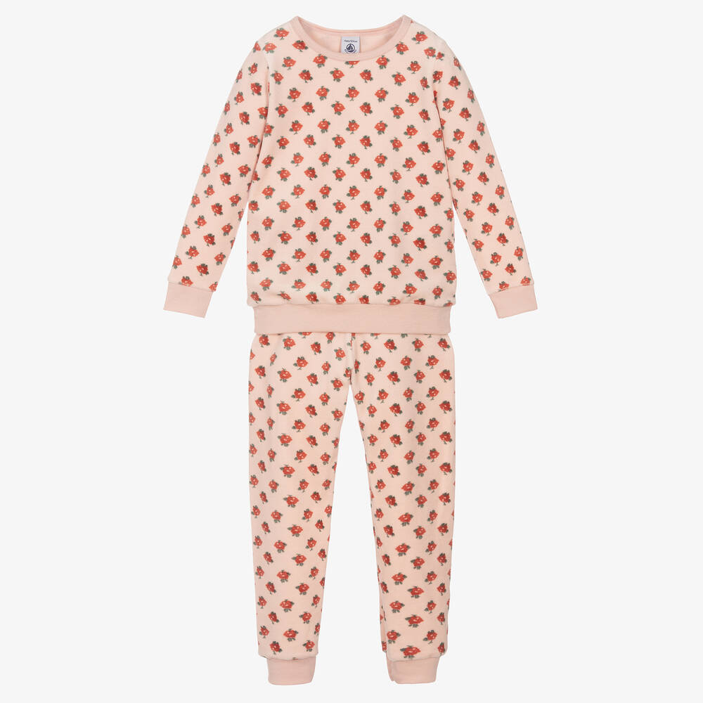 Petit Bateau - Girls Pink Velour Floral Pyjamas | Childrensalon