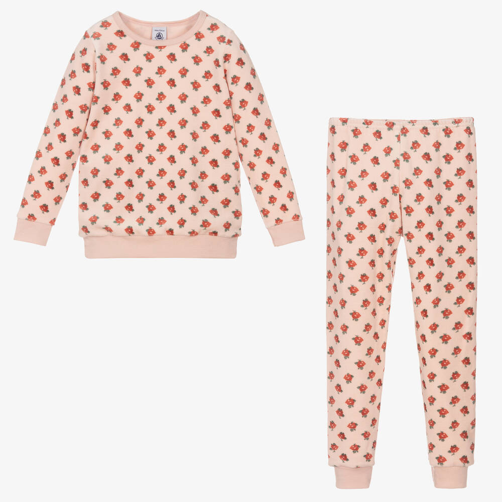 Petit Bateau-بيجاما بطبعة ورود قطن عضوي قطيفة لون زهري | Childrensalon Outlet