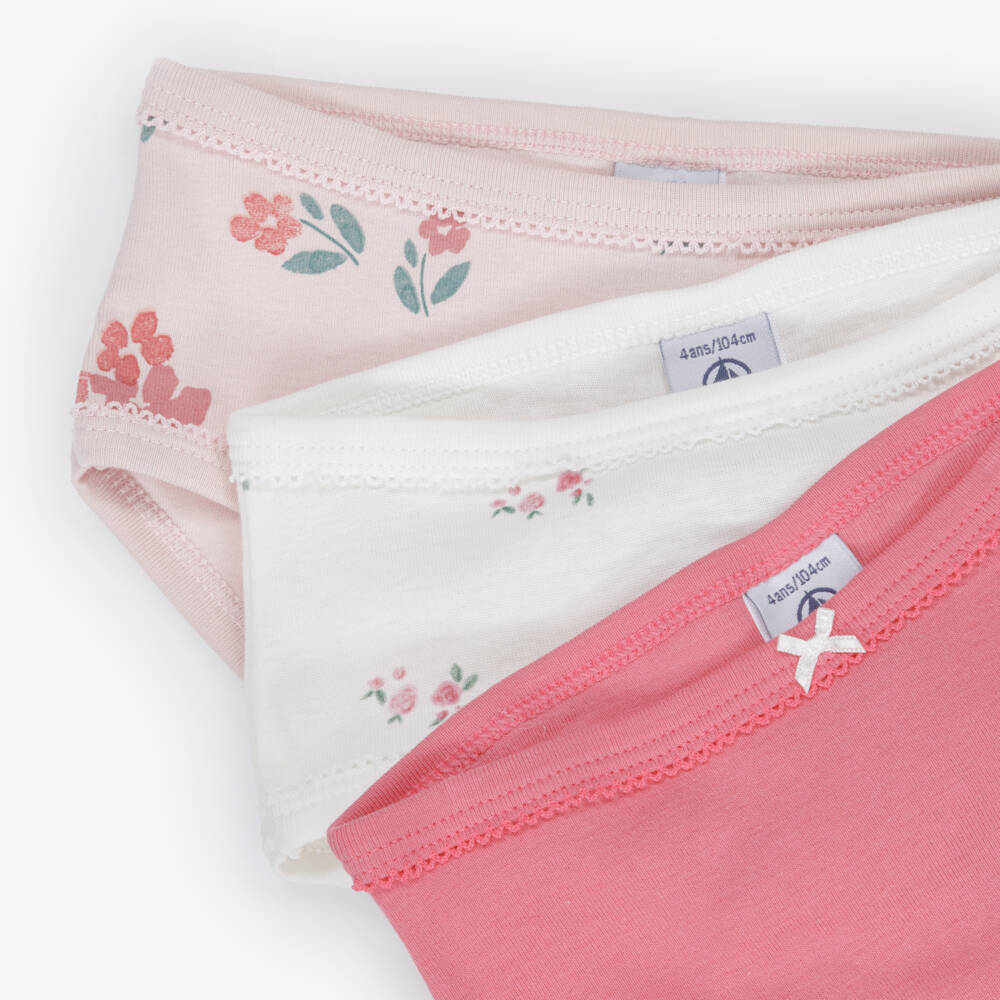 Petit Bateau-Girls Pink & White Organic Cotton Floral Knickers (3 Pack) | Childrensalon Outlet