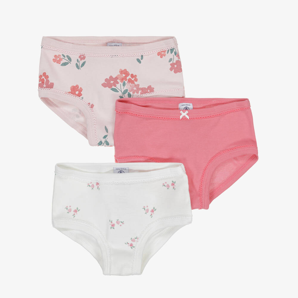 Petit Bateau-Girls Pink & White Organic Cotton Floral Knickers (3 Pack) | Childrensalon Outlet