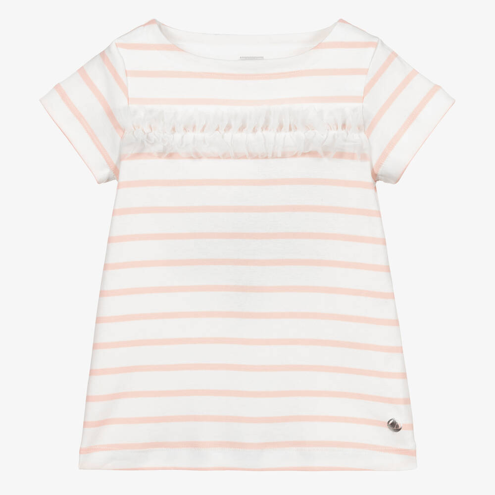 Petit Bateau - Girls Pink & White T-Shirt | Childrensalon