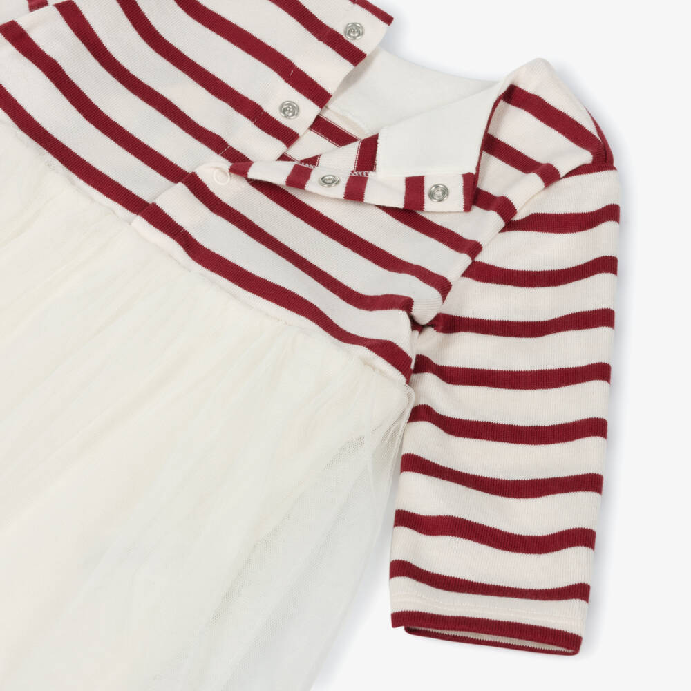 Petit Bateau-Girls Red & Ivory Striped Cotton Jersey & Tulle Dress | Childrensalon Outlet