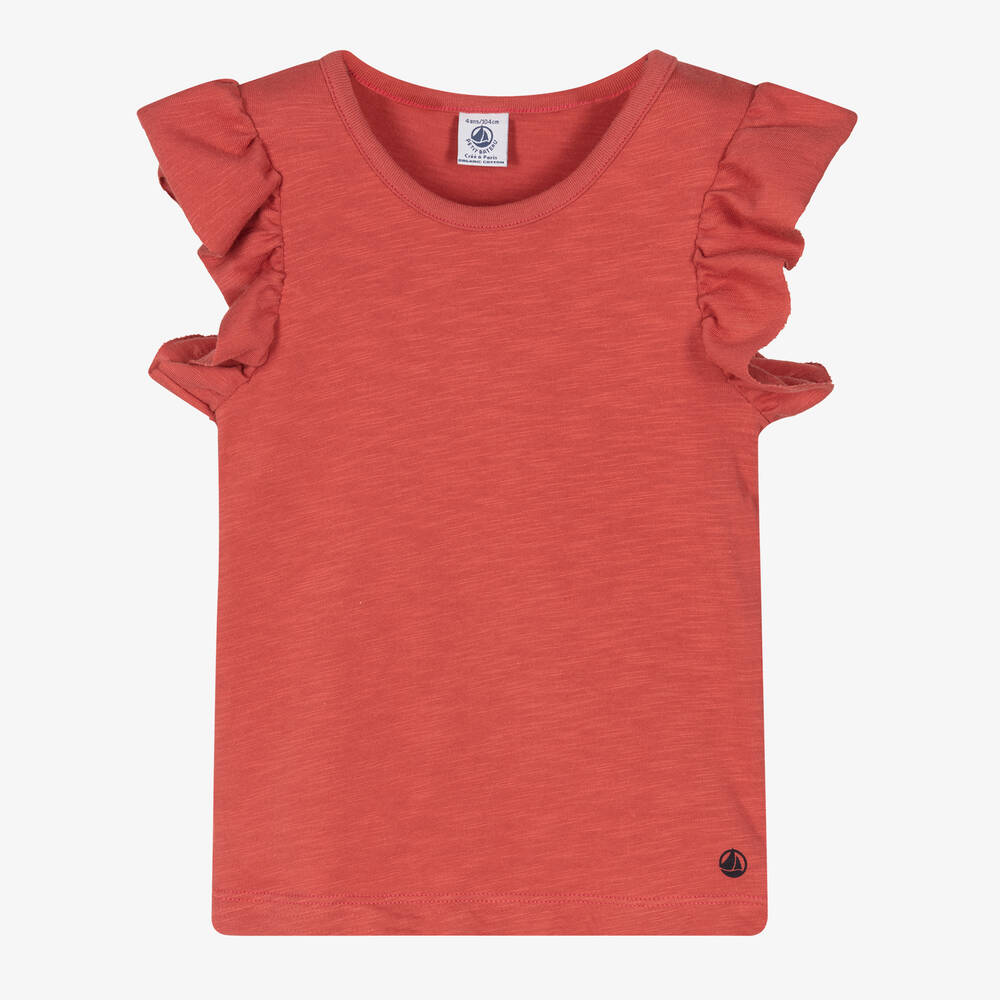 Petit Bateau - Girls Red Organic Cotton T-Shirt | Childrensalon