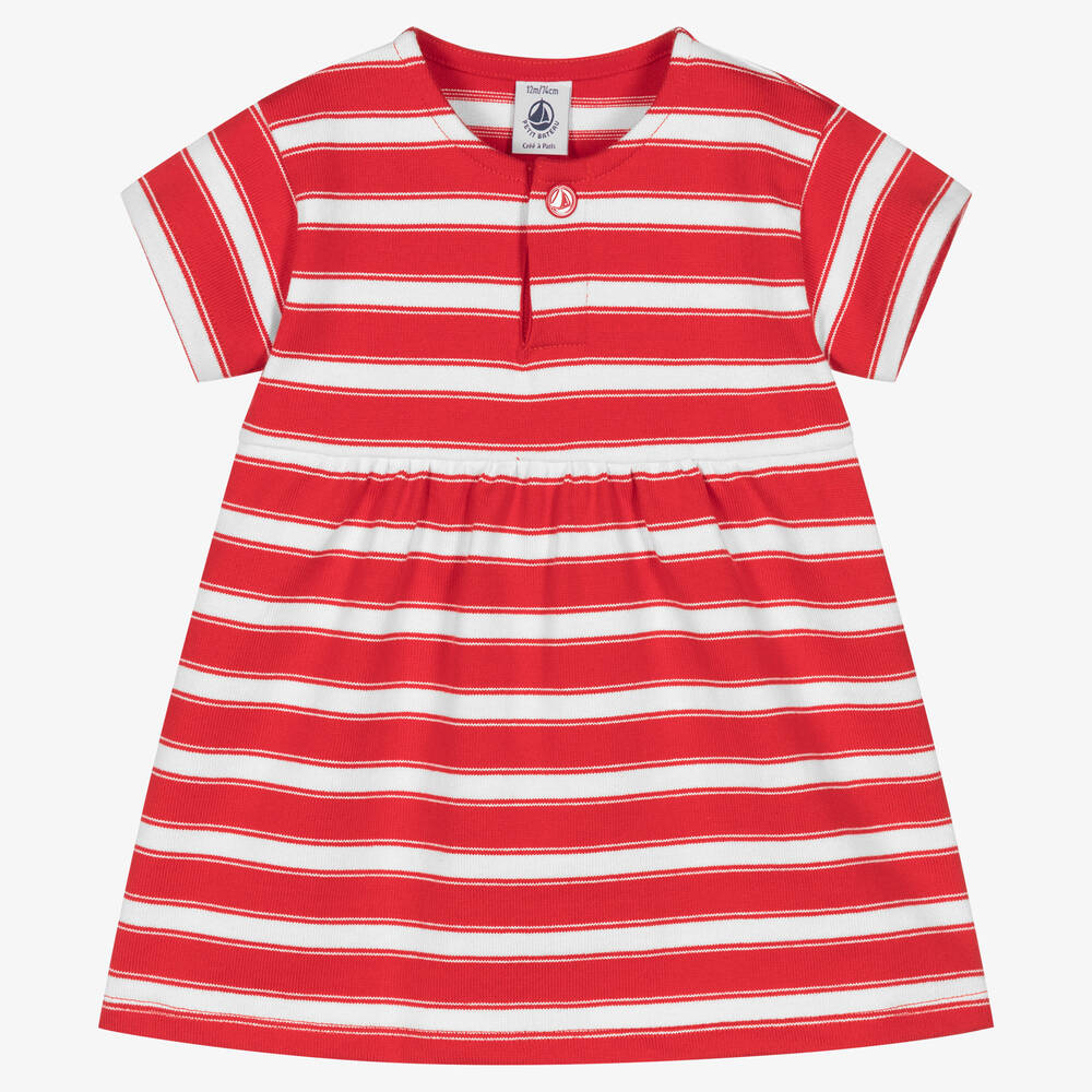 Petit Bateau - فستان أطفال بناتي قطن مقلم لون أحمر وأبيض | Childrensalon