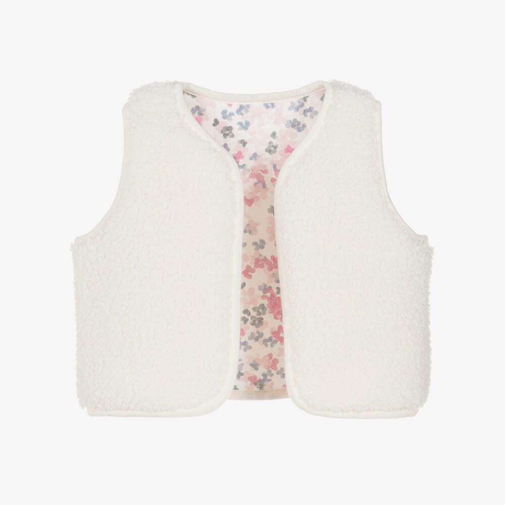 Petit Bateau-Girls Reversible Pink Floral & Sherpa Fleece Waistcoat | Childrensalon Outlet