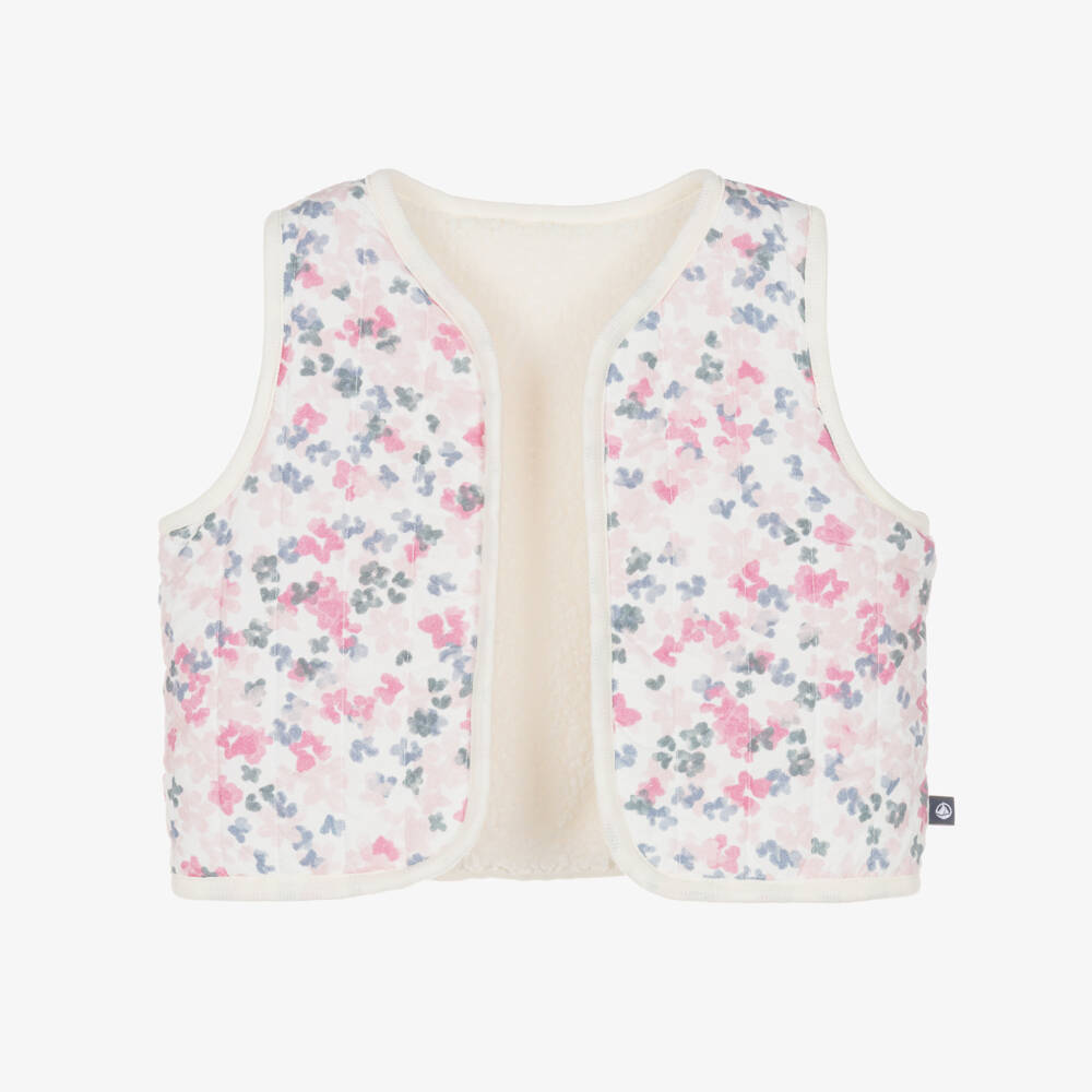 Petit Bateau-Girls Reversible Pink Floral & Sherpa Fleece Waistcoat | Childrensalon Outlet