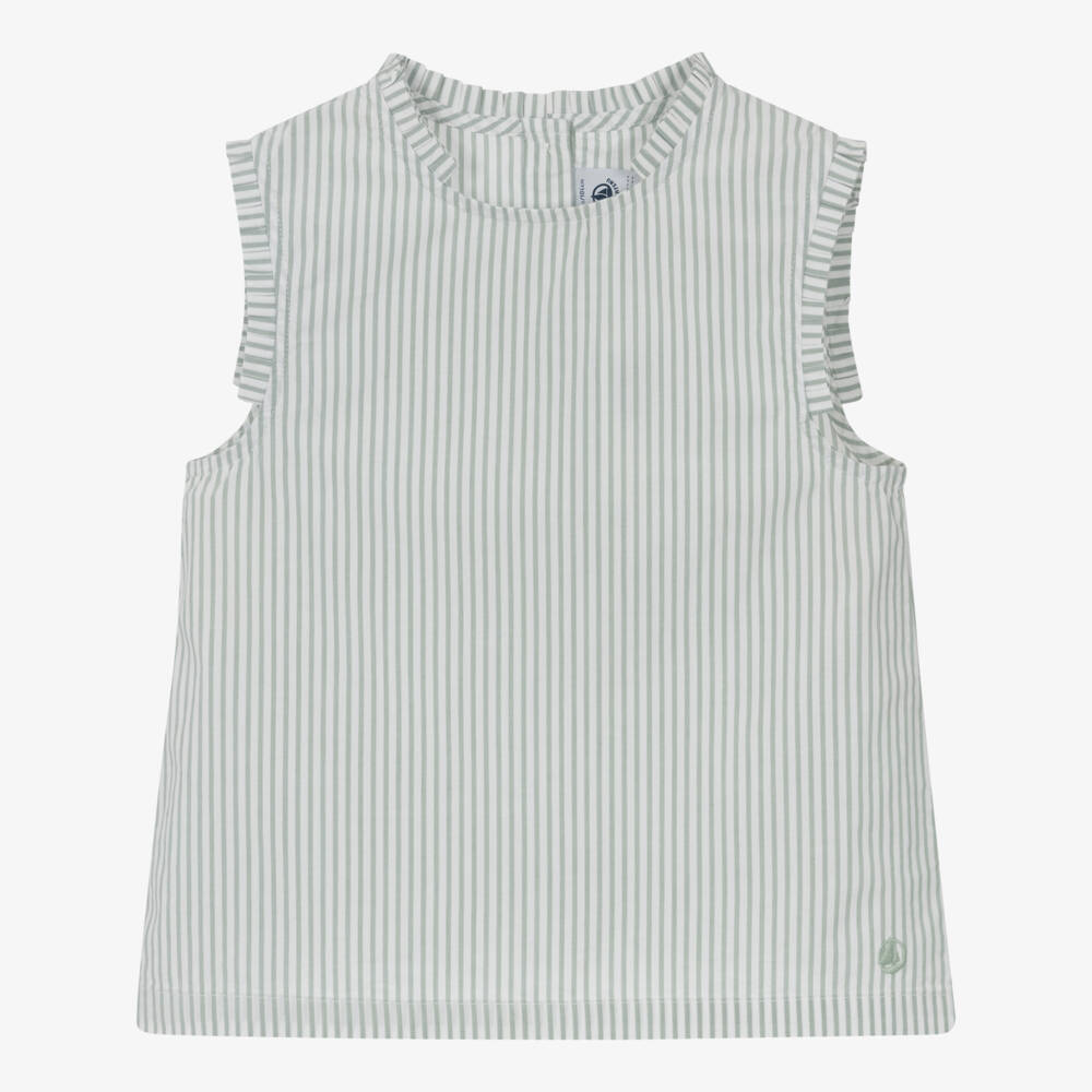 Petit Bateau-Зеленая полосатая блузка с рюшами для девочек | Childrensalon Outlet