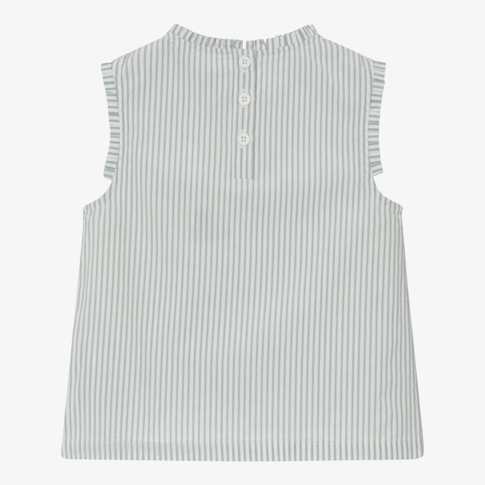 Petit Bateau-بلوزة مخططة خضراء للبنات مع كشكش | Childrensalon Outlet