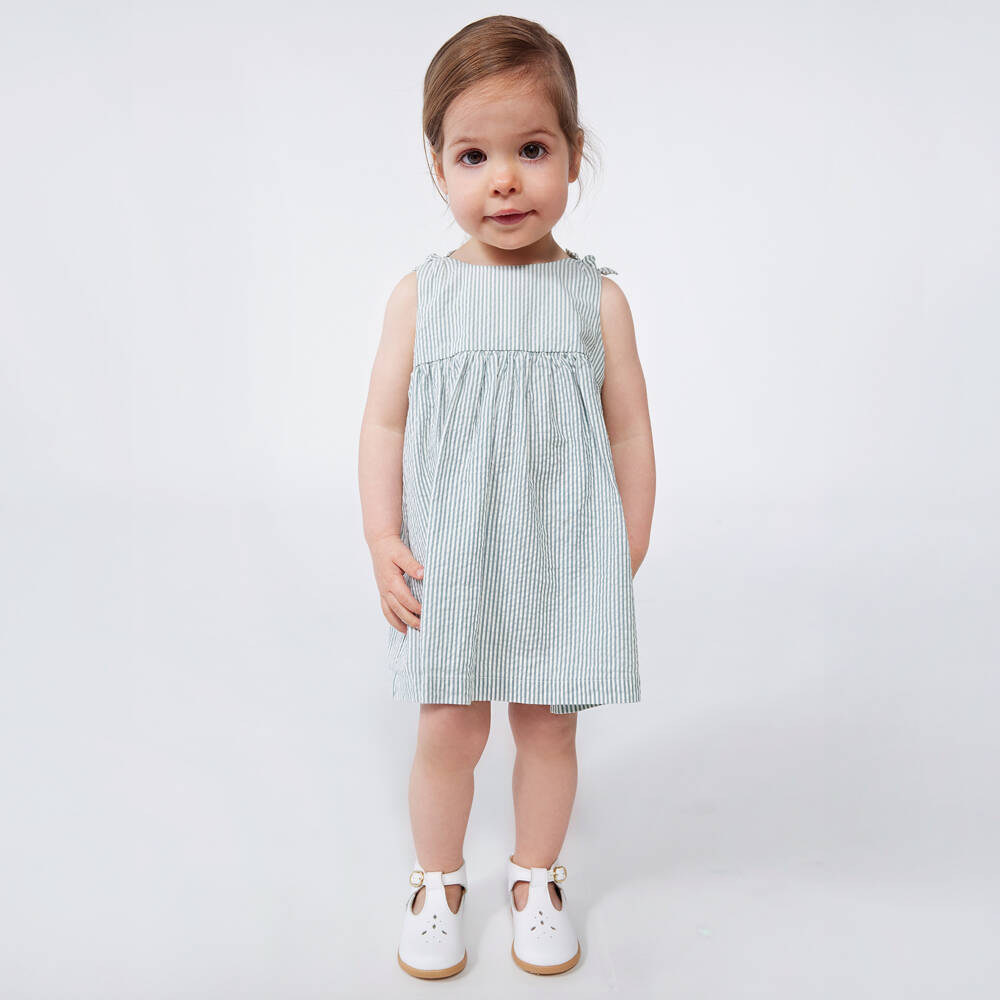 Petit Bateau-Girls Sage Seersucker Cotton Dress | Childrensalon Outlet