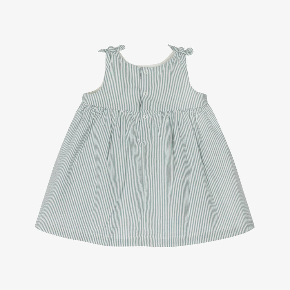 Petit Bateau-Girls Sage Seersucker Cotton Dress | Childrensalon Outlet