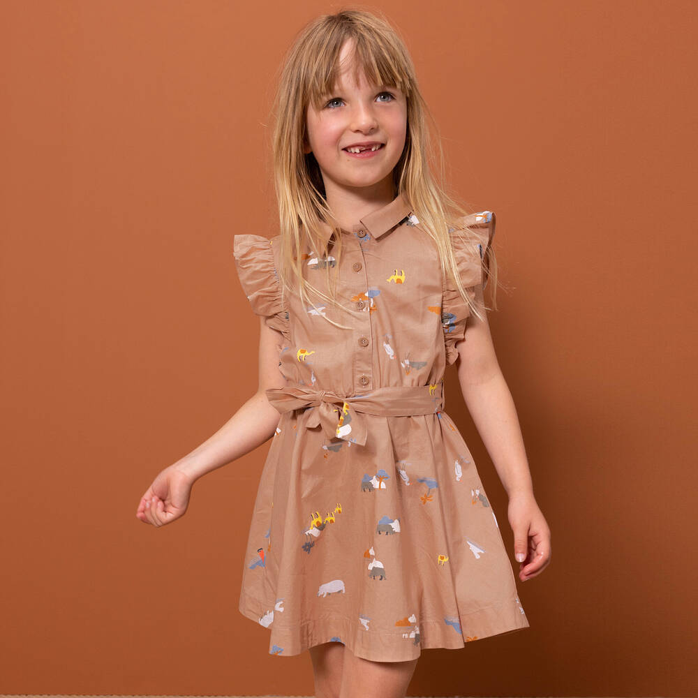 Petit Bateau Girls Terracotta Pink Safari Print Dress