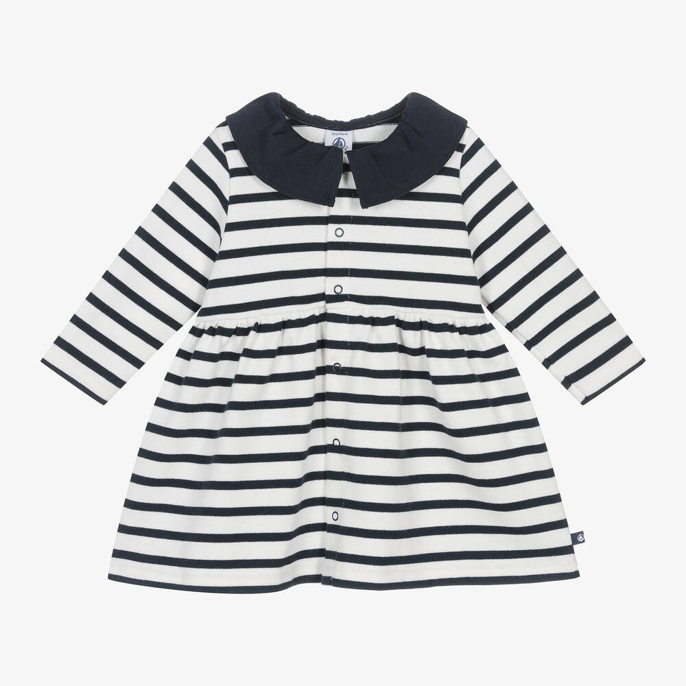 Petit Bateau-Girls White & Blue Breton Stripe Dress | Childrensalon Outlet