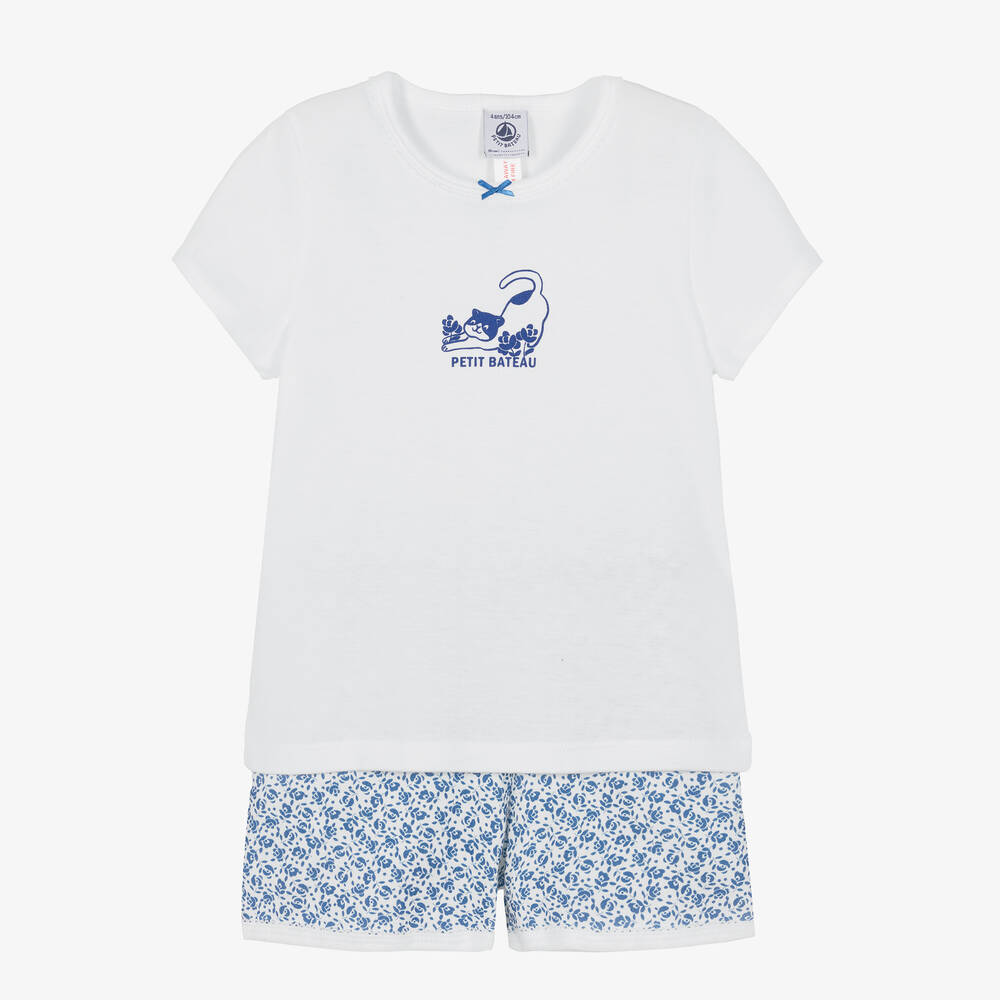 Petit Bateau-Girls White & Blue Cotton Cat Pyjamas | Childrensalon Outlet