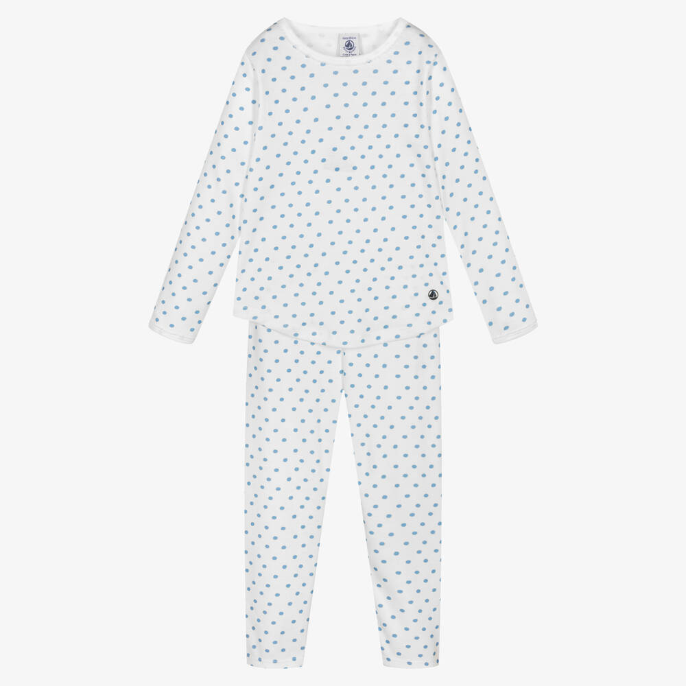 Petit Bateau - Girls White & Blue Polka Dot Organic Pyjamas | Childrensalon