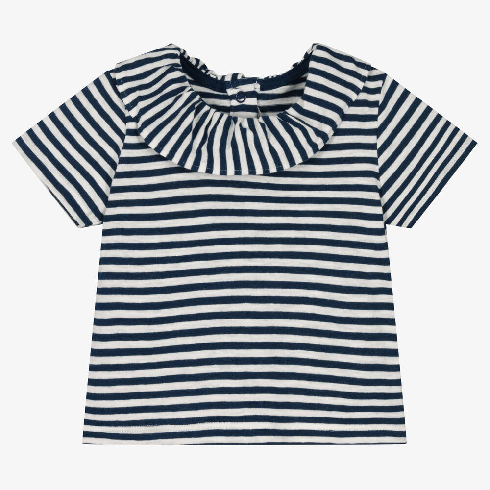 Petit Bateau - Girls White & Blue Stripe Cotton T-Shirt | Childrensalon