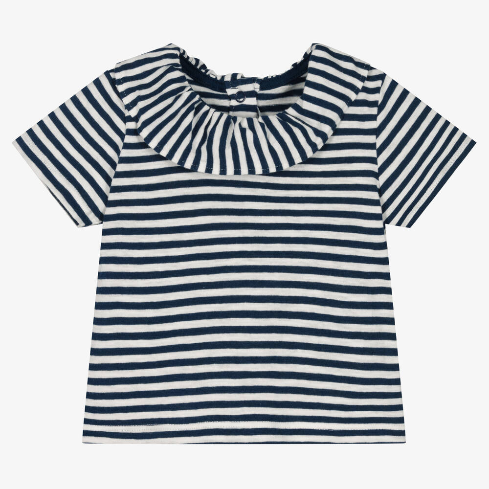 Petit Bateau-Girls White & Blue Stripe Cotton T-Shirt | Childrensalon Outlet